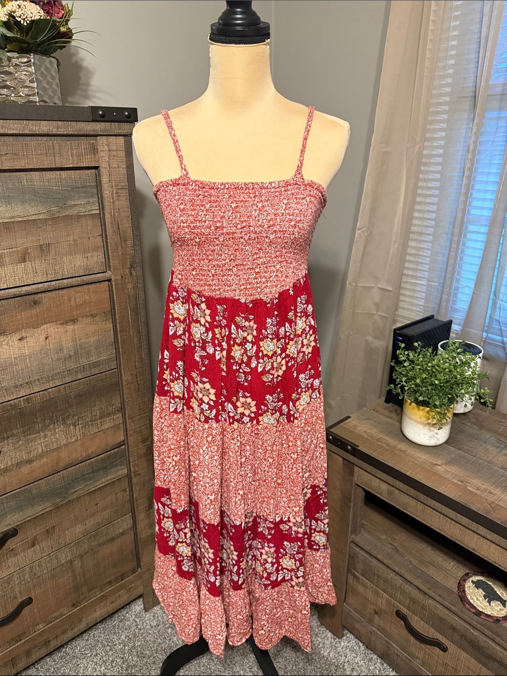 Red Floral Smocked Midi Dress with Spaghetti Straps